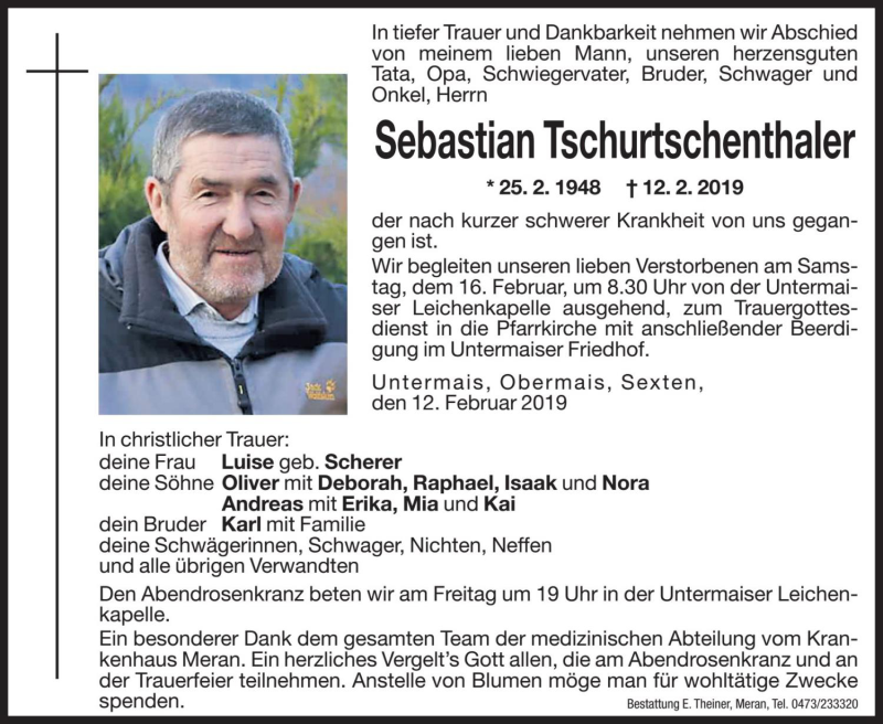 Traueranzeige für Sebastian Tschurtschenthaler vom 15.02.2019 aus Dolomiten