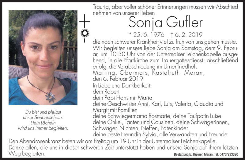  Traueranzeige für Sonja Gufler vom 08.02.2019 aus Dolomiten