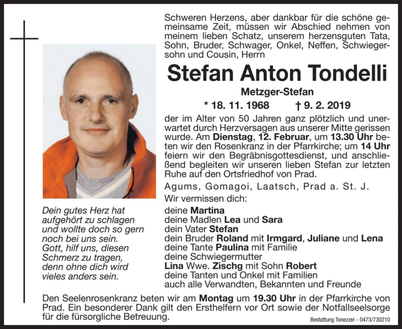 Traueranzeige für Stefan Anton Tondelli vom 11.02.2019 aus Dolomiten