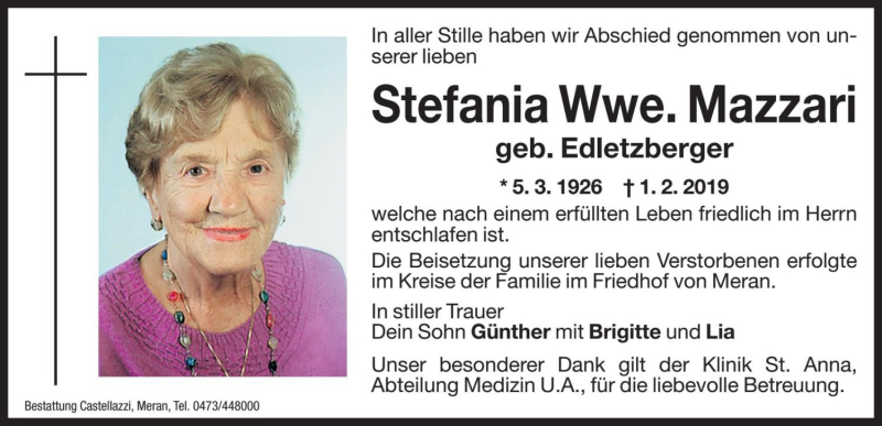  Traueranzeige für Stefania Mazzari vom 15.02.2019 aus Dolomiten
