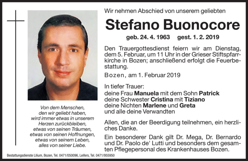  Traueranzeige für Stefano Buonocore vom 02.02.2019 aus Dolomiten