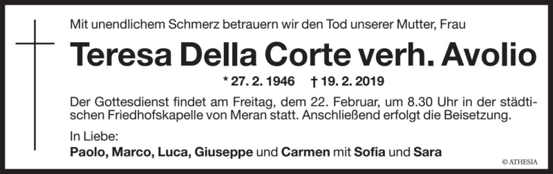  Traueranzeige für Teresa Avolio vom 21.02.2019 aus Dolomiten