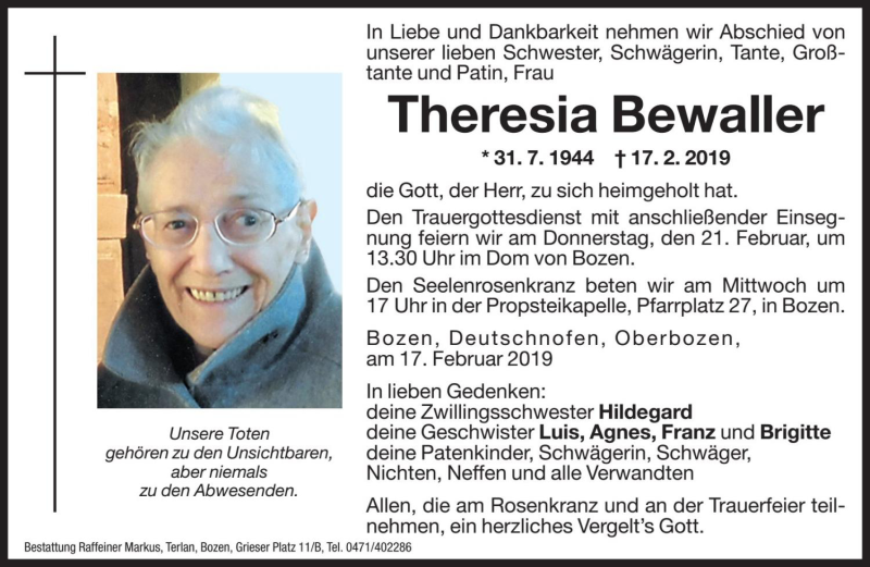  Traueranzeige für Theresia Bewaller vom 19.02.2019 aus Dolomiten