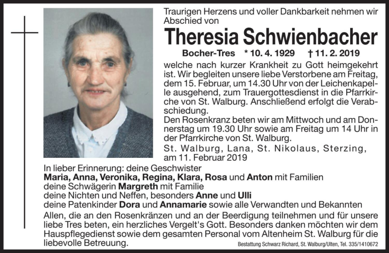  Traueranzeige für Theresia Schwienbacher vom 13.02.2019 aus Dolomiten