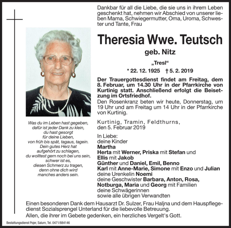  Traueranzeige für Theresia Teutsch vom 07.02.2019 aus Dolomiten