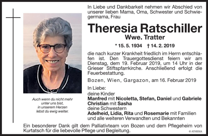  Traueranzeige für Theresia Tratter vom 16.02.2019 aus Dolomiten