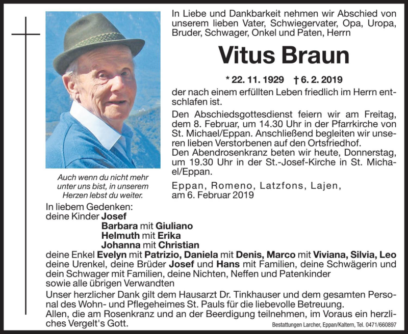  Traueranzeige für Vitus Braun vom 07.02.2019 aus Dolomiten