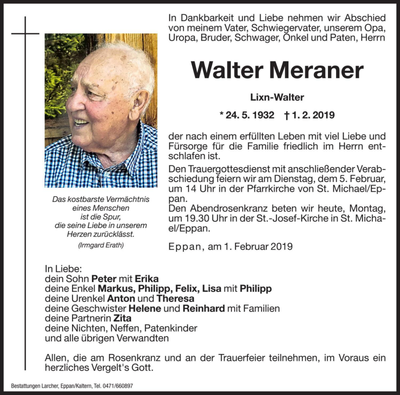  Traueranzeige für Walter Meraner vom 04.02.2019 aus Dolomiten