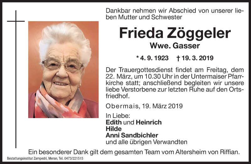  Traueranzeige für Frieda Gasser vom 21.03.2019 aus Dolomiten