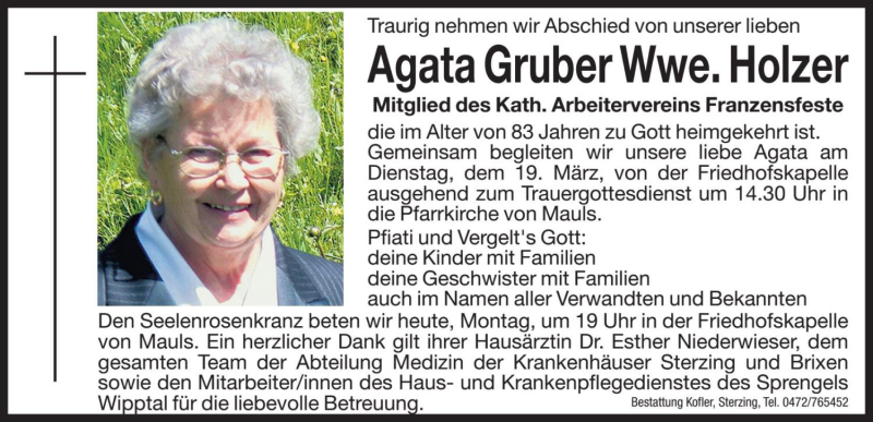 Traueranzeige für Agata Holzer vom 18.03.2019 aus Dolomiten