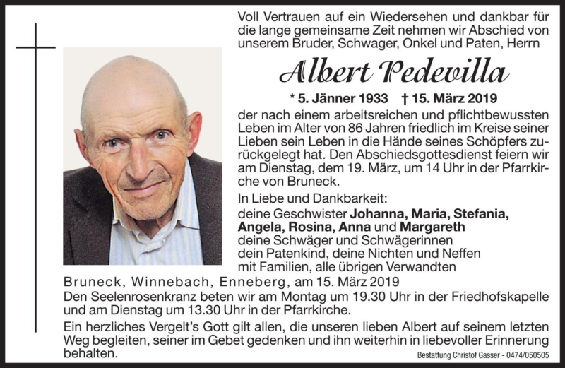  Traueranzeige für Albert Pedevilla vom 18.03.2019 aus Dolomiten