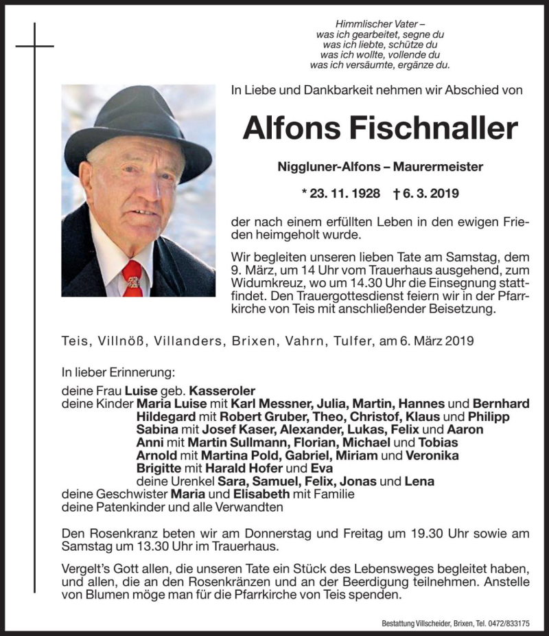  Traueranzeige für Alfons Fischnaller vom 07.03.2019 aus Dolomiten