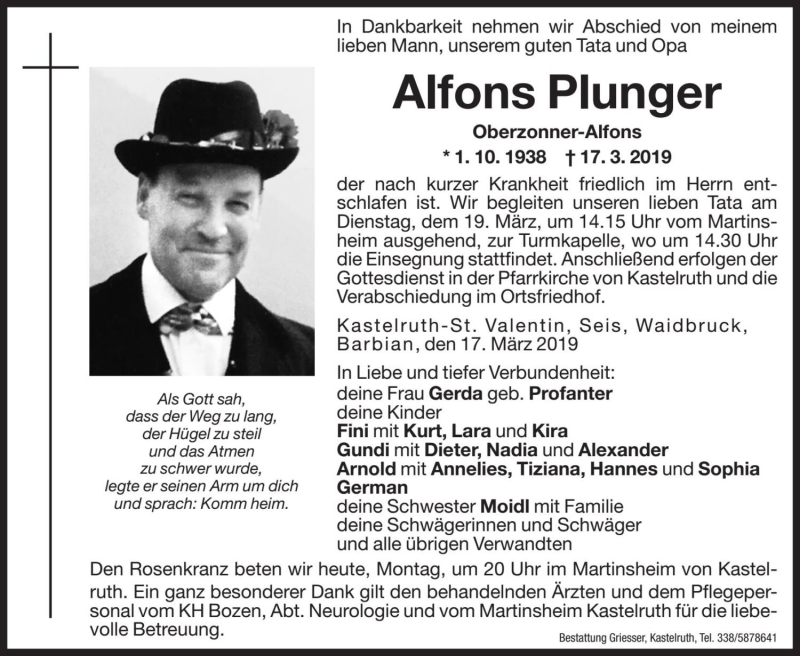  Traueranzeige für Alfons Plunger vom 18.03.2019 aus Dolomiten