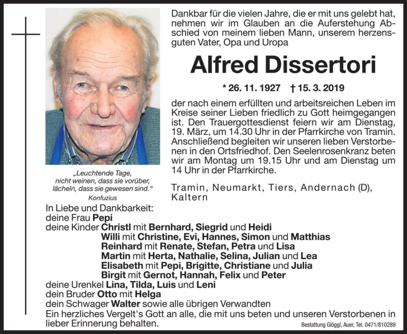  Traueranzeige für Alfred Dissertori vom 18.03.2019 aus Dolomiten