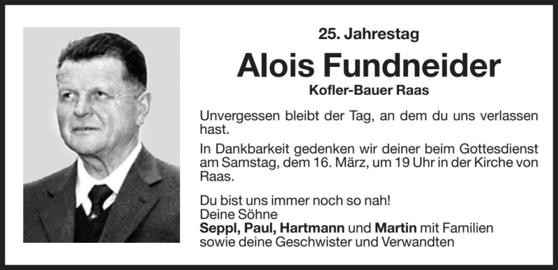  Traueranzeige für Alois Fundneider vom 13.03.2019 aus Dolomiten