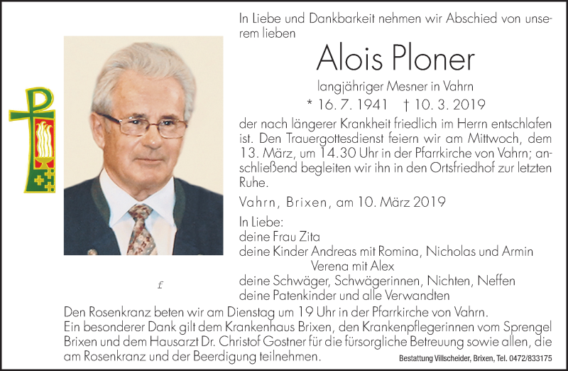  Traueranzeige für Alois Ploner vom 12.03.2019 aus Dolomiten