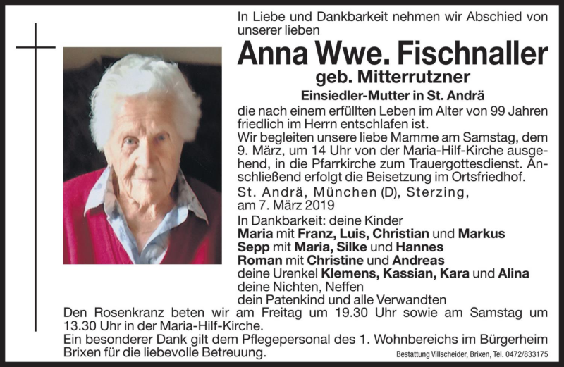  Traueranzeige für Anna Fischnaller vom 08.03.2019 aus Dolomiten