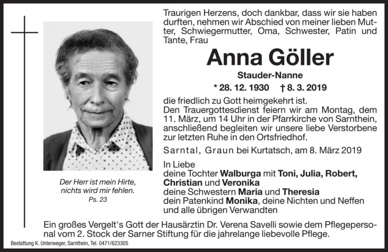  Traueranzeige für Anna Göller vom 09.03.2019 aus Dolomiten