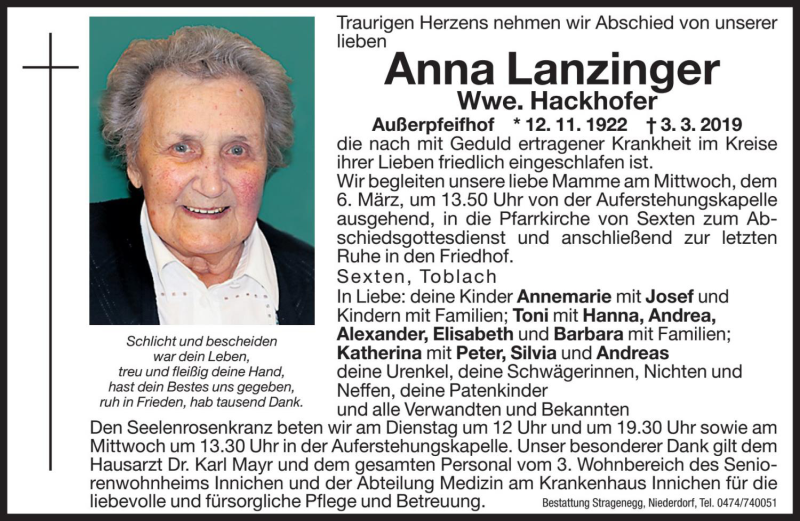  Traueranzeige für Anna Hackhofer vom 05.03.2019 aus Dolomiten