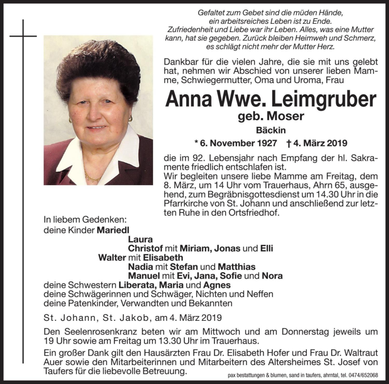  Traueranzeige für Anna Leimgruber vom 06.03.2019 aus Dolomiten