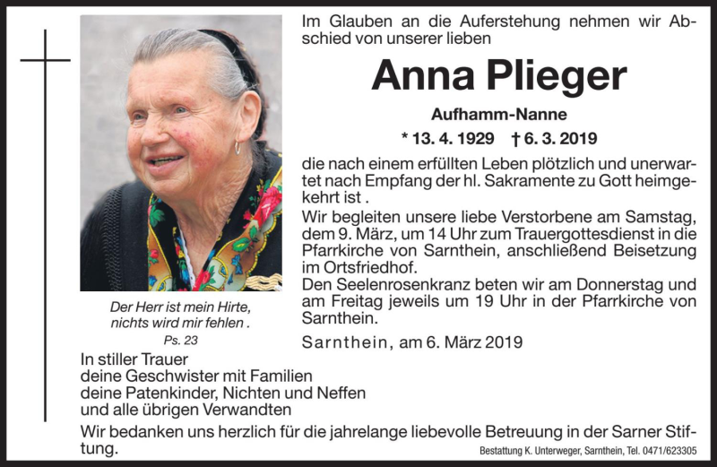  Traueranzeige für Anna Plieger vom 07.03.2019 aus Dolomiten