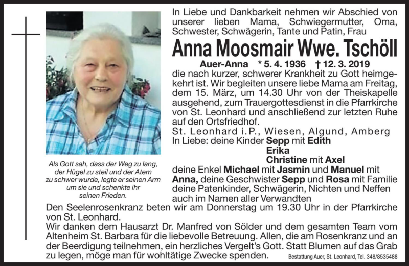  Traueranzeige für Anna Tschöll vom 14.03.2019 aus Dolomiten