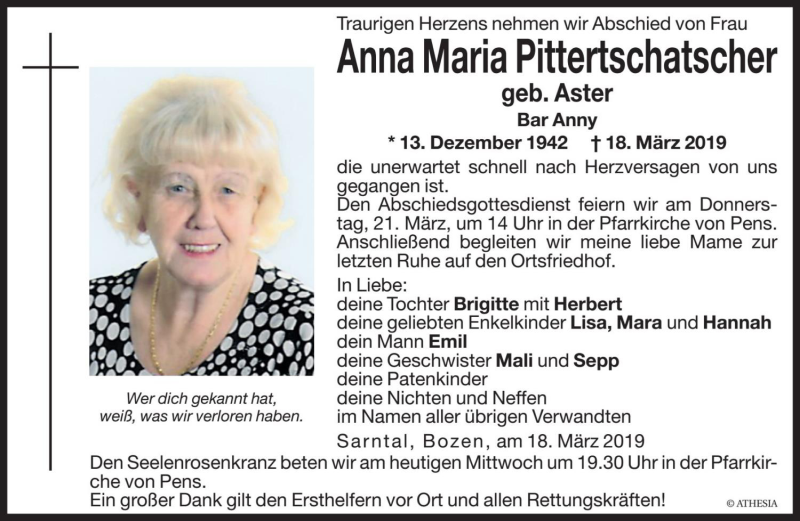  Traueranzeige für Anna Maria Pittertschatscher vom 20.03.2019 aus Dolomiten