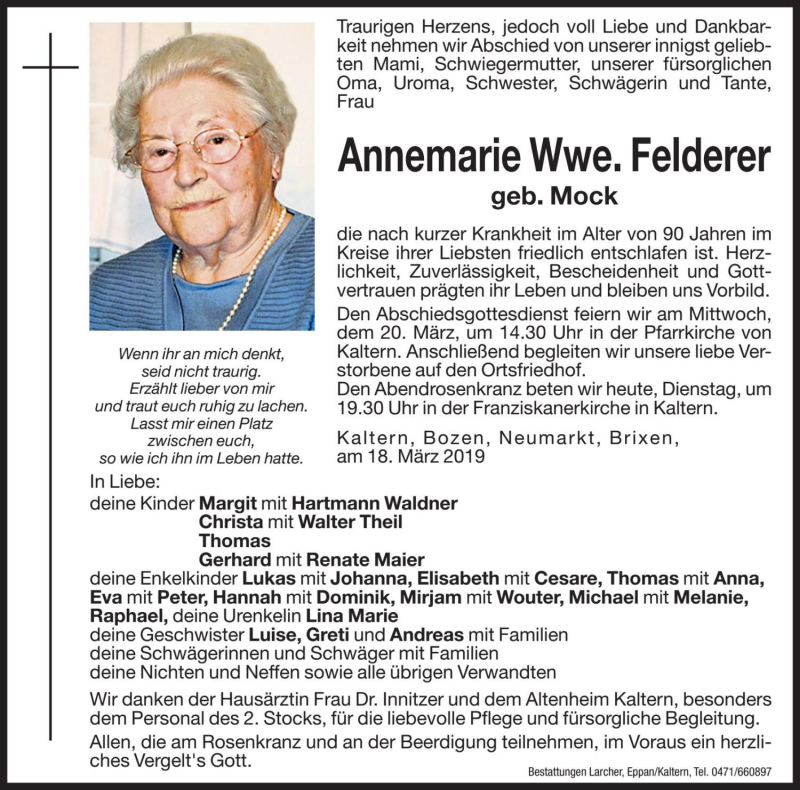  Traueranzeige für Annemarie Felderer vom 19.03.2019 aus Dolomiten