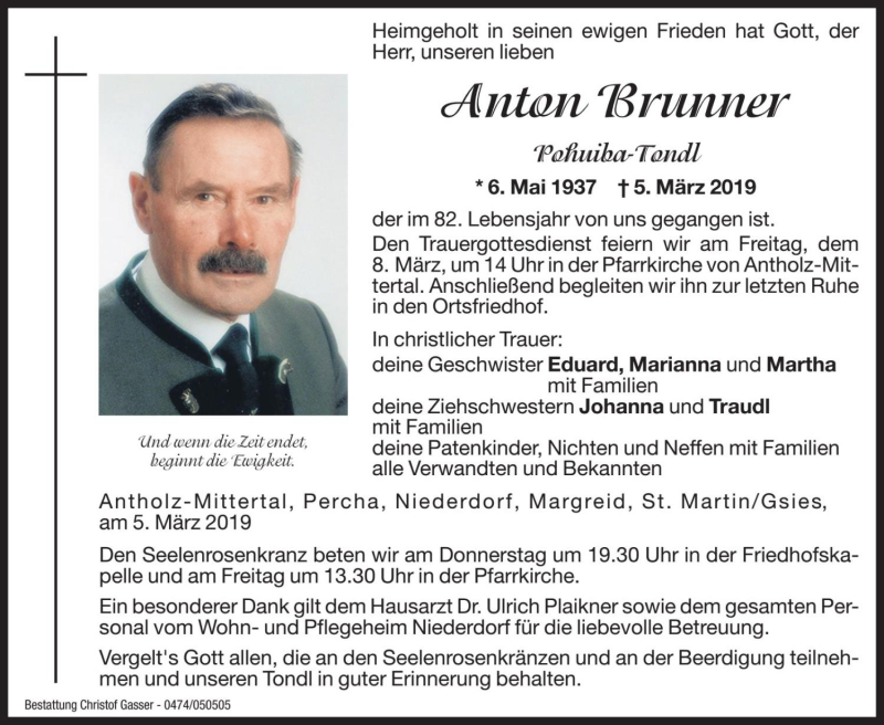  Traueranzeige für Anton Brunner vom 07.03.2019 aus Dolomiten