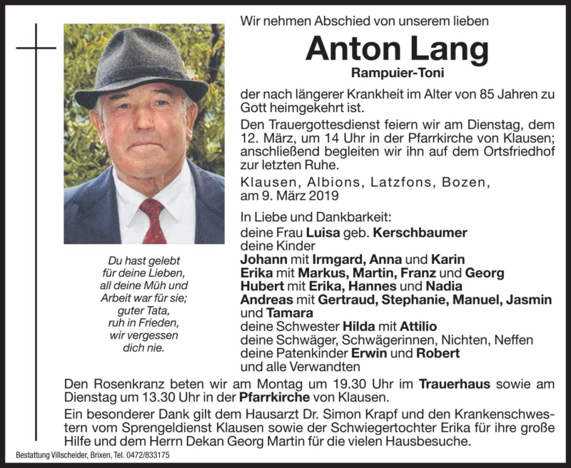  Traueranzeige für Anton Lang vom 11.03.2019 aus Dolomiten