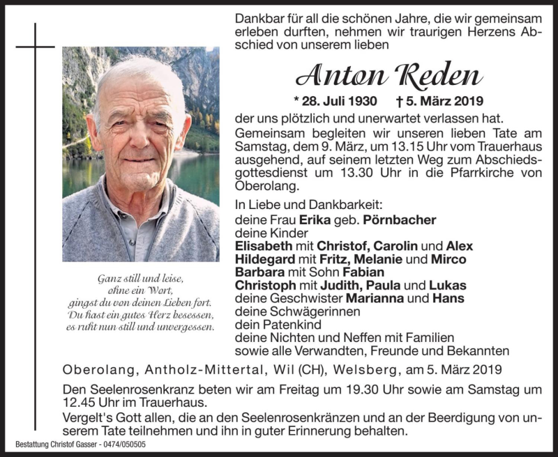  Traueranzeige für Anton Reden vom 08.03.2019 aus Dolomiten