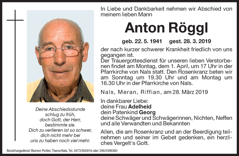  Traueranzeige für Anton Röggl vom 30.03.2019 aus Dolomiten