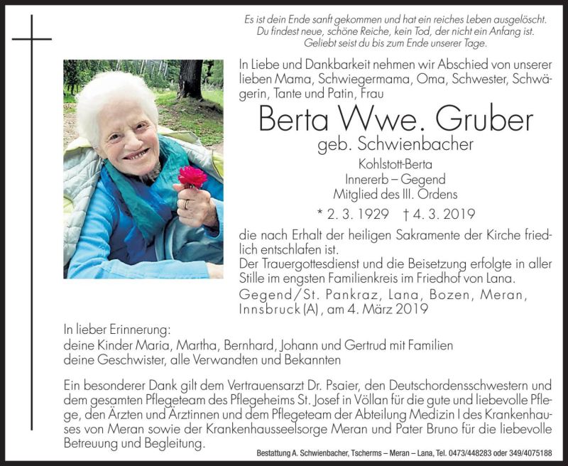  Traueranzeige für Berta Gruber vom 08.03.2019 aus Dolomiten
