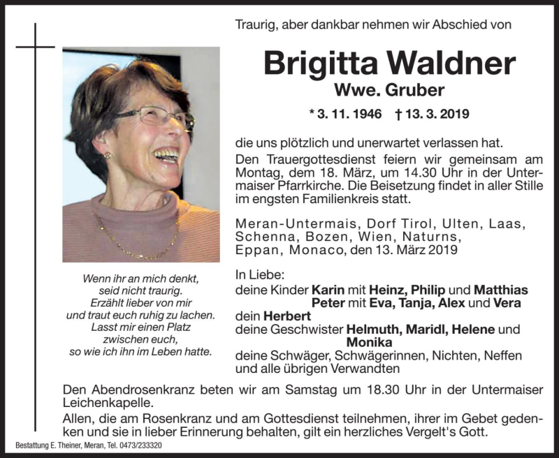  Traueranzeige für Brigitta Gruber vom 15.03.2019 aus Dolomiten