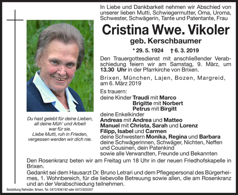  Traueranzeige für Cristina Vikoler vom 08.03.2019 aus Dolomiten