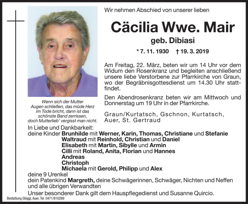  Traueranzeige für Cäcilia Mair vom 20.03.2019 aus Dolomiten