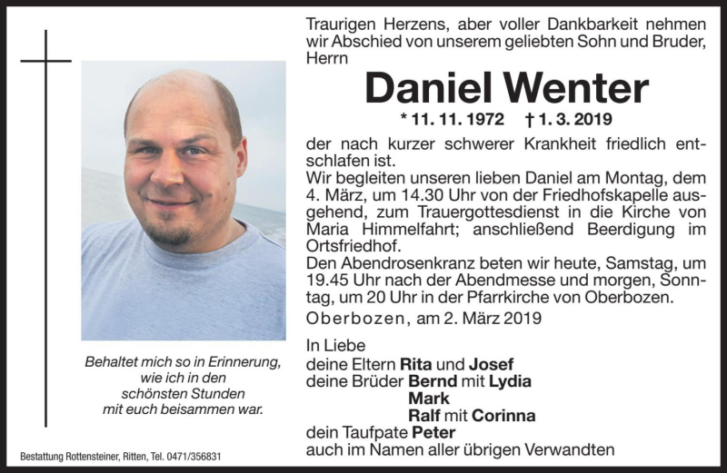  Traueranzeige für Daniel Wenter vom 02.03.2019 aus Dolomiten