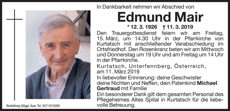  Traueranzeige für Edmund Mair vom 13.03.2019 aus Dolomiten