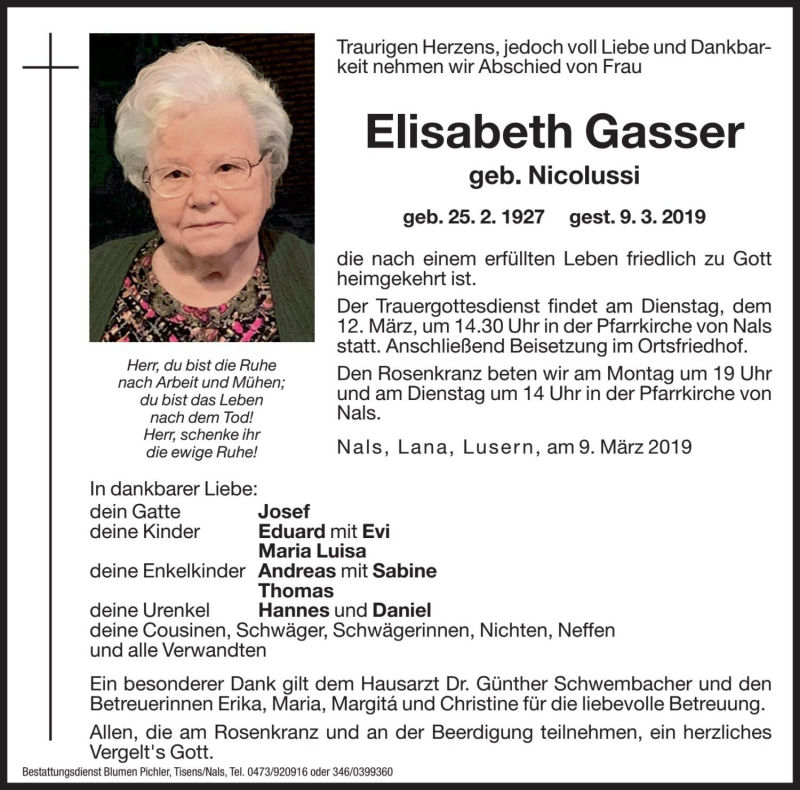  Traueranzeige für Elisabeth Gasser vom 11.03.2019 aus Dolomiten