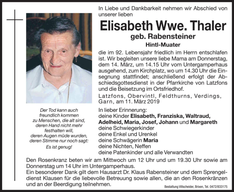  Traueranzeige für Elisabeth Thaler vom 13.03.2019 aus Dolomiten