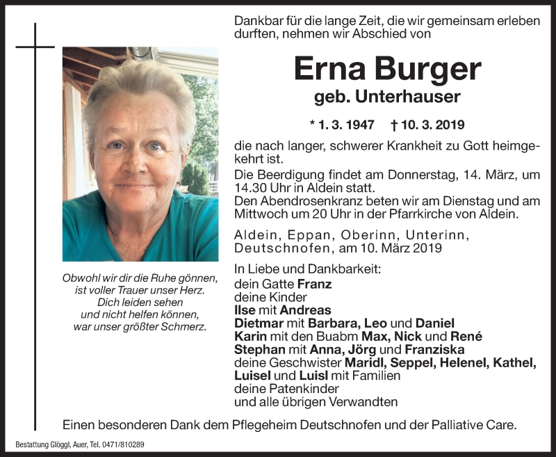  Traueranzeige für Erna Burger vom 12.03.2019 aus Dolomiten