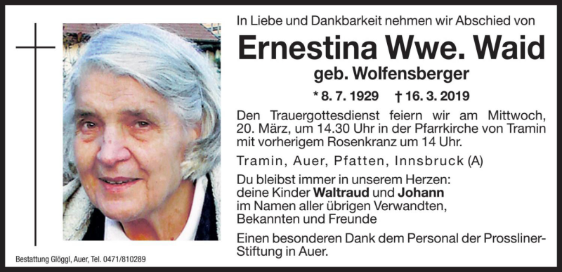  Traueranzeige für Ernestina Waid vom 19.03.2019 aus Dolomiten
