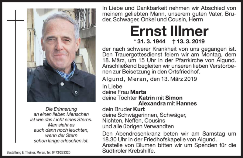  Traueranzeige für Ernst Illmer vom 15.03.2019 aus Dolomiten