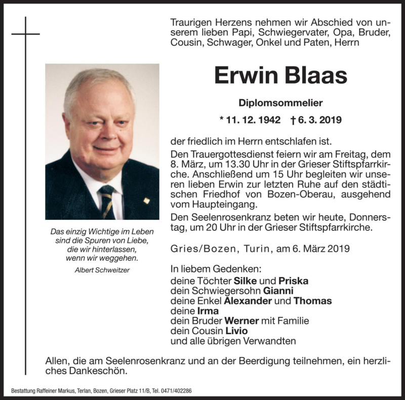  Traueranzeige für Erwin Blaas vom 07.03.2019 aus Dolomiten