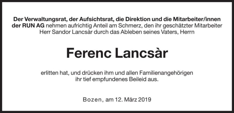  Traueranzeige für Ferenc Lancsàr vom 13.03.2019 aus Dolomiten