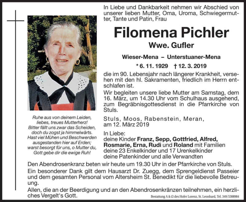  Traueranzeige für Filomena Gufler vom 15.03.2019 aus Dolomiten