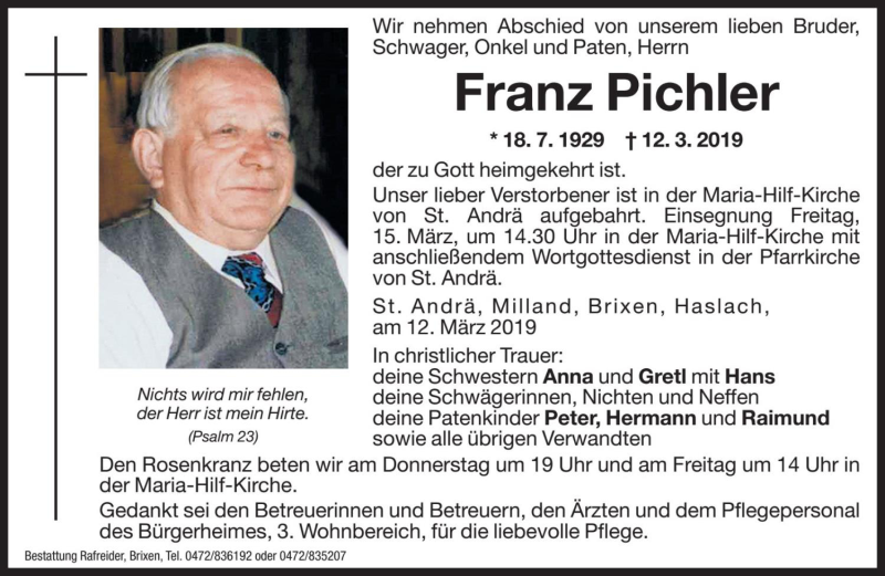  Traueranzeige für Franz Pichler vom 13.03.2019 aus Dolomiten