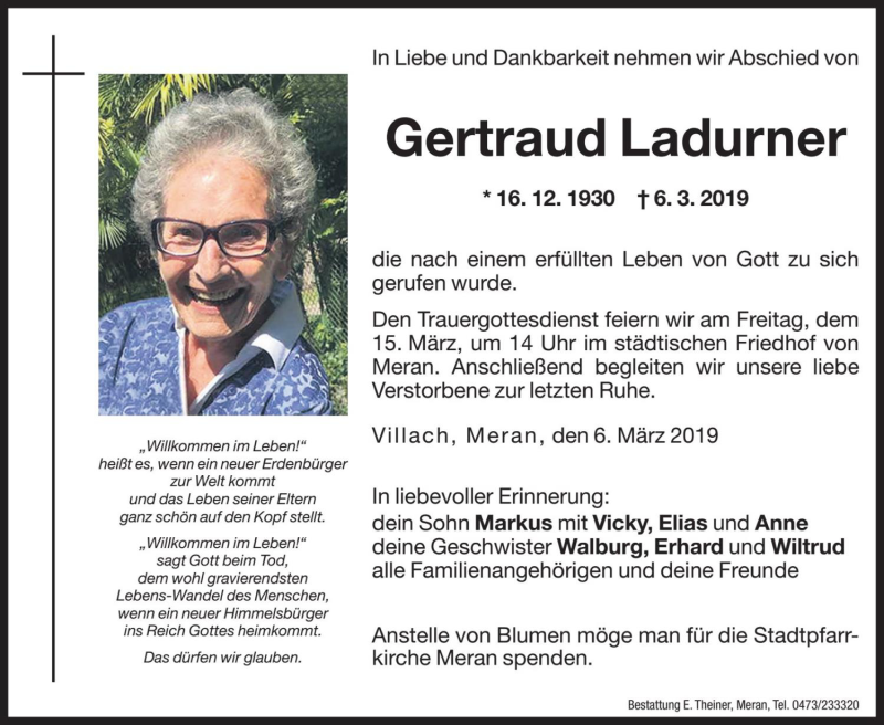  Traueranzeige für Gertraud Ladurner vom 13.03.2019 aus Dolomiten