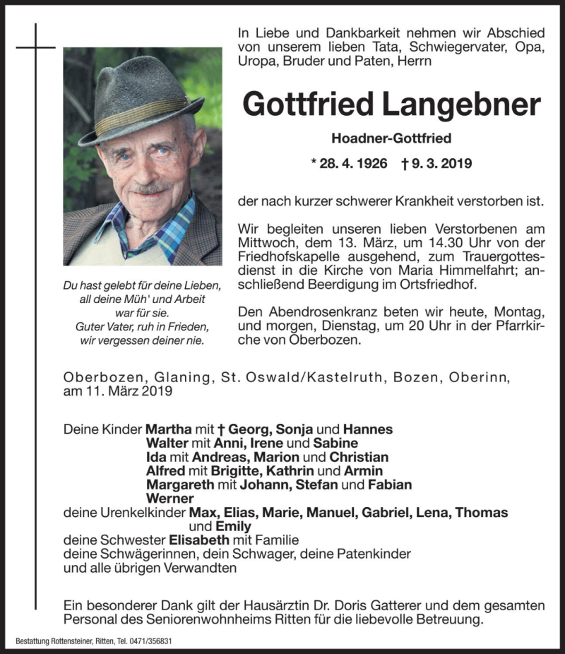  Traueranzeige für Gottfried Langebner vom 11.03.2019 aus Dolomiten