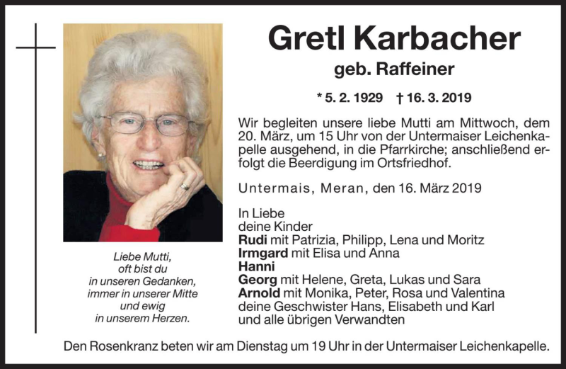  Traueranzeige für Gretl Karbacher vom 18.03.2019 aus Dolomiten